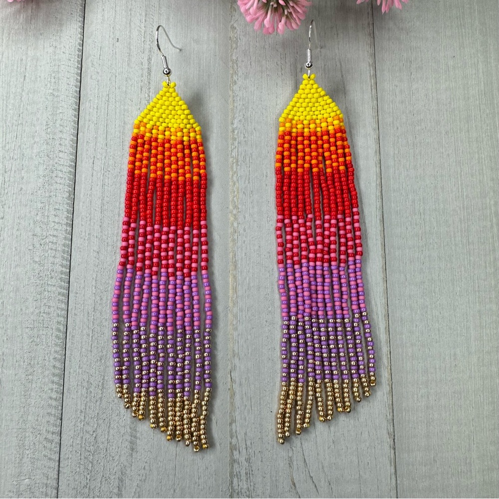 Handmade Seed Bead Beaded Earrings Colorful Native American Style 5” Long